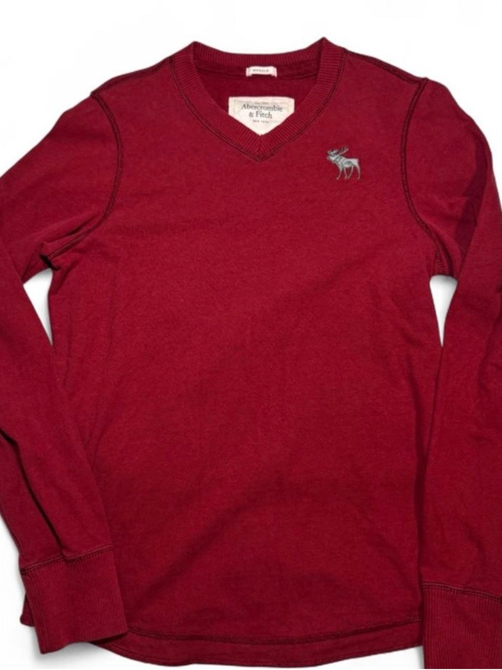 Vintage Abercrombie & Fitch Men's V-Neck Sweater in Deep Wine with Grey Logo